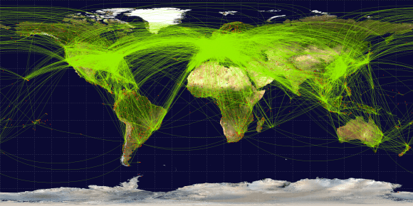 Map of scheduled airline traffic around the world, c. June 2009. Image by Jpatokal, CC BY-SA 3.0.