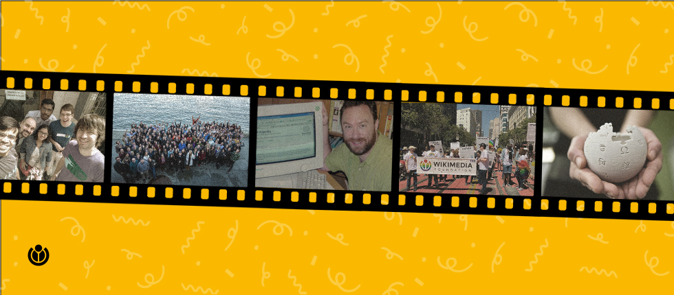 Stylized film strip featuring people from the Wikimedia Foundation's history